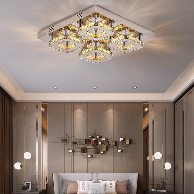 Livingandhome Square Crystal LED Ceiling Light, Dimmable, Silver or Gold/Brass