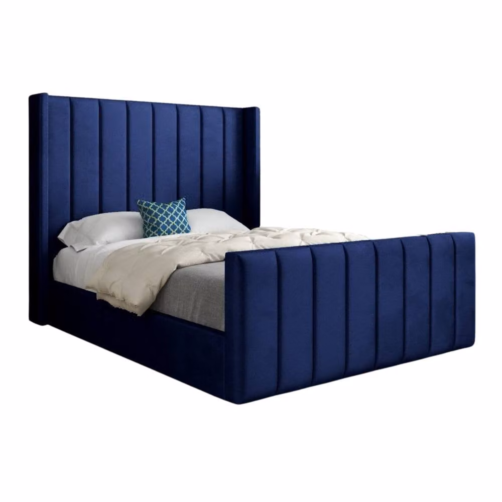 KDMD Stretton Winged Upholstered Designer Bed Frame in Blue Soft Velvet, W/D/H: 144 x 137 x 200 cm – 2