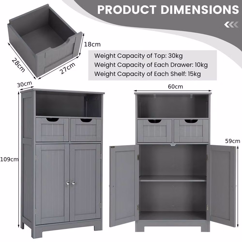 VOGREX Grey Freestanding Bathroom Floor Storage Cabinet with Doors and Drawers – 2