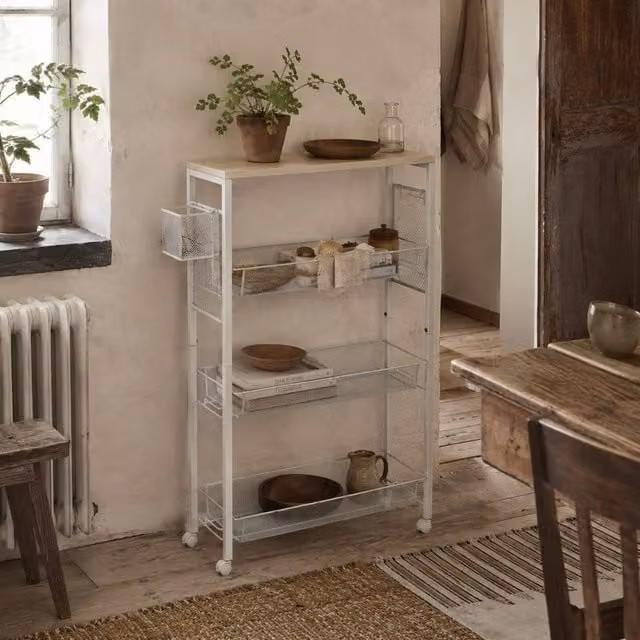 Wyld Haus Else Lune 3 Tier Slim Kitchen Cart with White Frame and Maple Top – 1