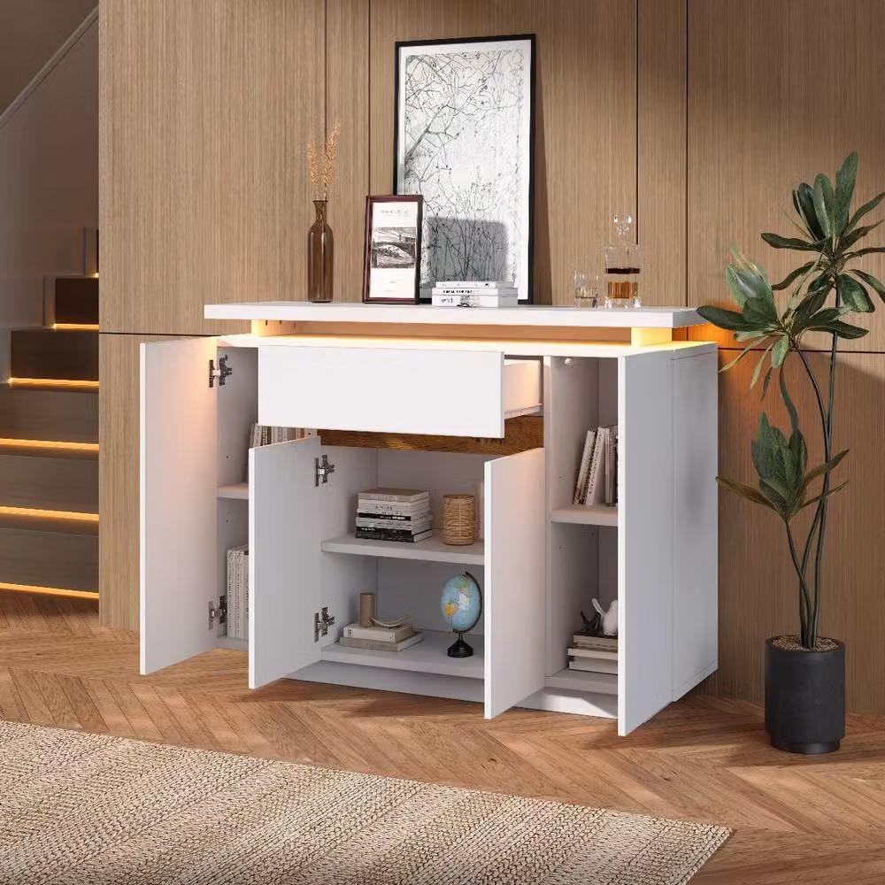 Rolipo Modern LED Sideboard White 4 Door 1 Drawer Storage Cabinet W: 140 cm – 4