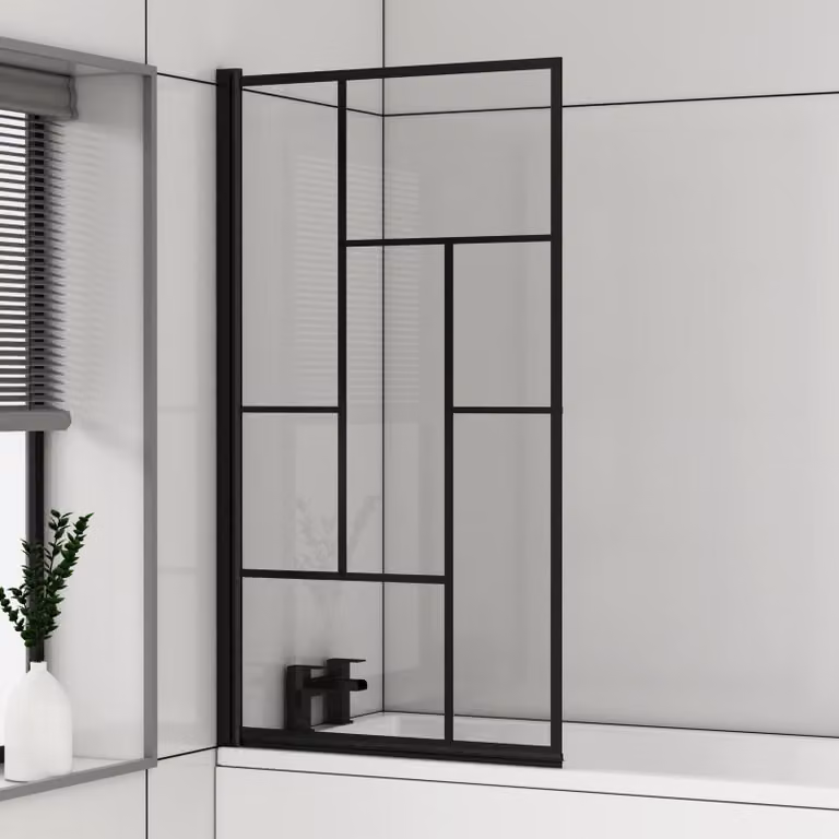 Royal Bathrooms Abstract Grid Square Hinged Bath Screen, Matt Black, Clear 5mm Glass, W: 140 cm, H: 79.5 cm