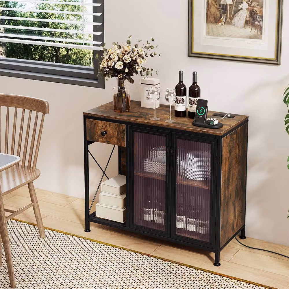 Gymax Brown Industrial Buffet Sideboard with Integrated LED Lighting and Power Outlets – 3
