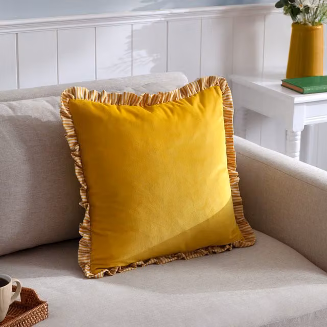 Make It A Home Solene Ruffle Velvet Cushion in Green and Yellow
