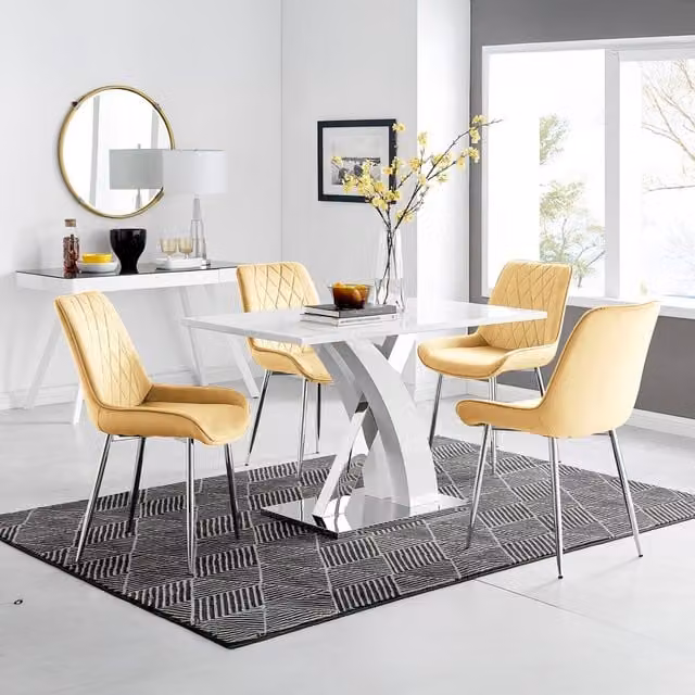 FurnitureboxUK Atlanta 4 White Rectangular Dining Table and 4 Pesaro Silver Leg Chairs in Mustard Yellow