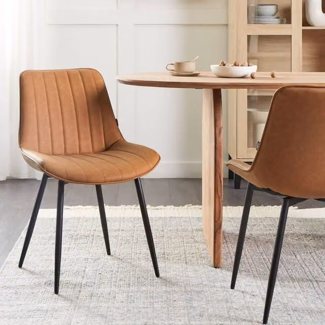 Wyld and Coco Set of 2 Brown Faux Leather Armless Dining Chairs with Black Metal Legs – 1