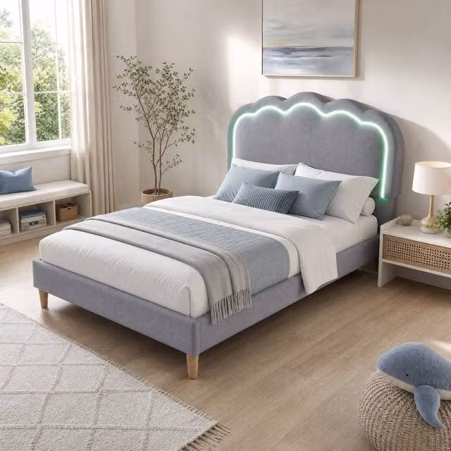 STILVORA Single Upholstered Bed Frame with LED Headboard in Grey, W/D/H: 100 x 200 x 101 cm – 1