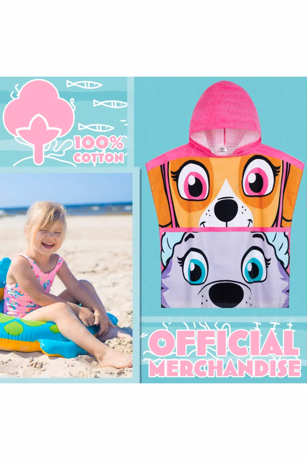 Get Trend Paw Patrol Hooded Towelling Poncho for Kids, Pink – 4