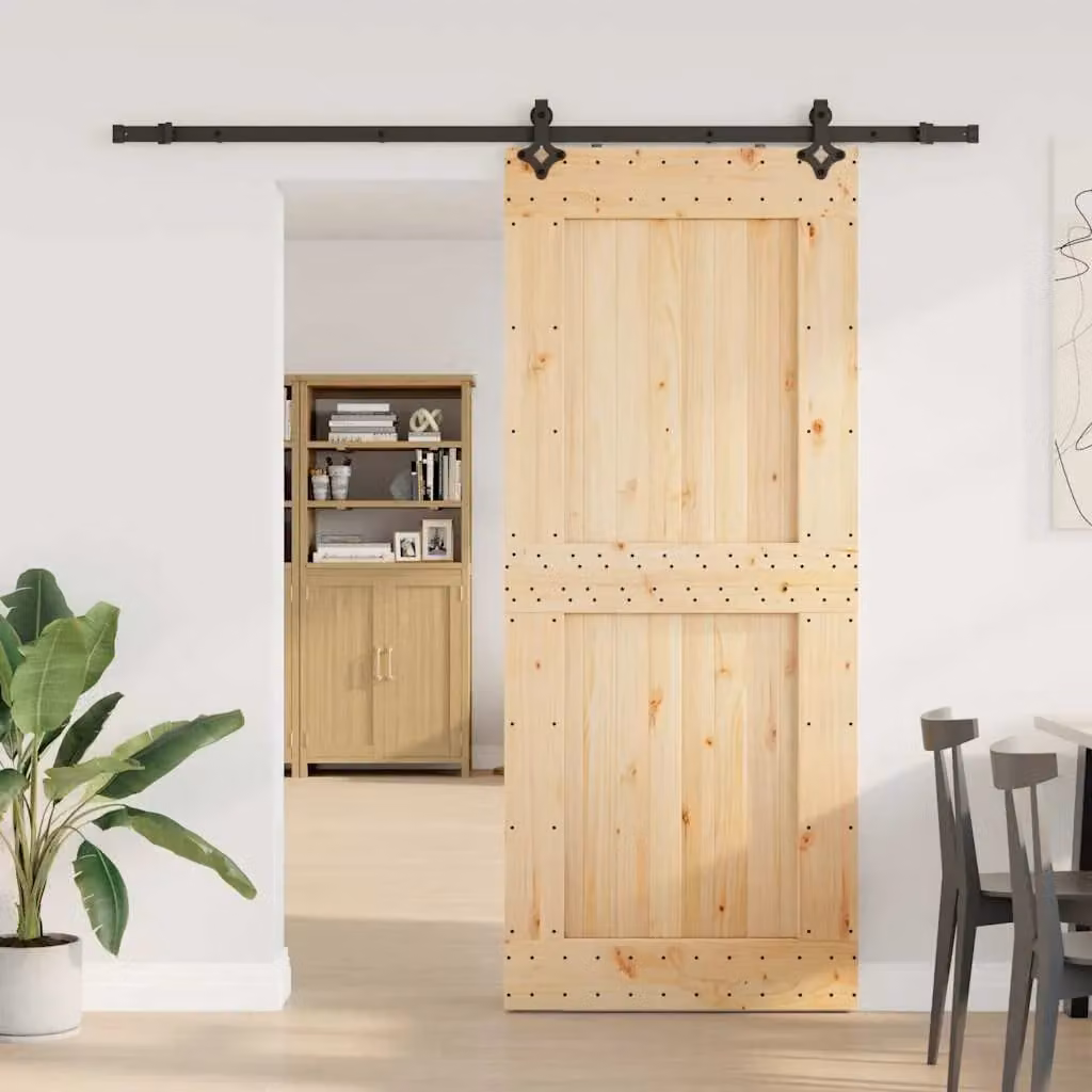 Berkfield Home Rustic Solid Wood Pine Sliding Door with Hardware Set, Brown, W: 95 cm, H: 210 cm – 1