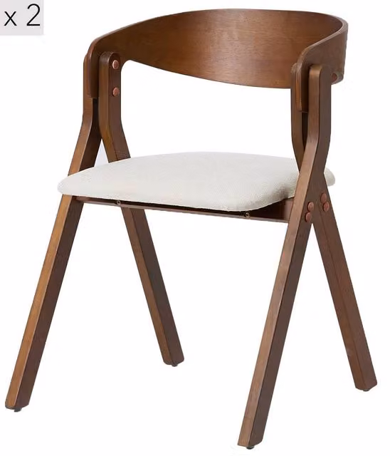 Nordlys Set of 2 Scandinavian Style Walnut Wood and Beige Fabric Dining Chairs with Armrests