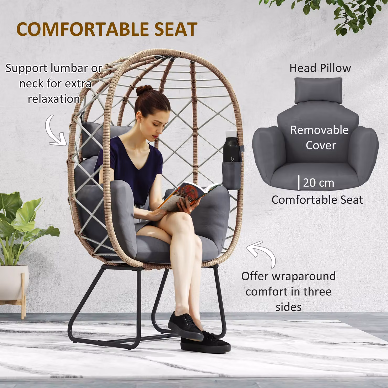 Outsunny Brown Rattan Garden Egg Lounge Chair with Cushions and Powder Coated Steel Frame – 3
