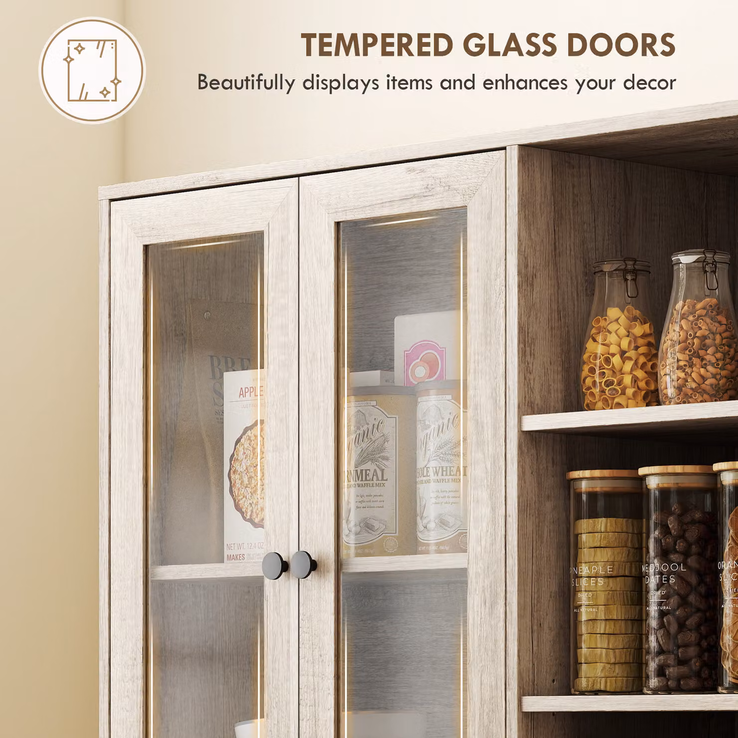 HOMCOM Grey Wood-Effect Multi-Storage Kitchen Tall Cabinet with Glass Doors and Soft-Close Doors – 6