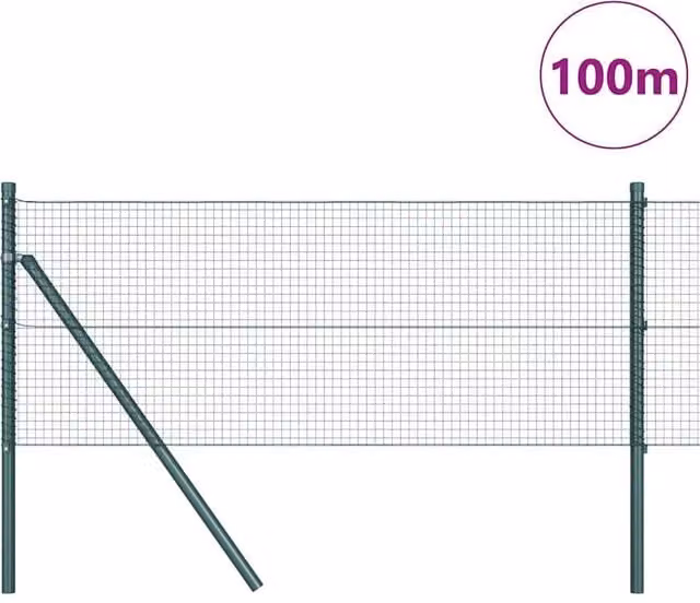 Berkfield Home Green Powder-Coated Steel Welded Wire Fence with 13 Round Posts, W: 100 m, H: 0.6 m