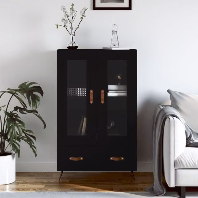 Berkfield Home Modern Black Highboard with Glass Doors and Internal Shelves, W: 69.5 cm, D: 31 cm, H: 115 cm – 1