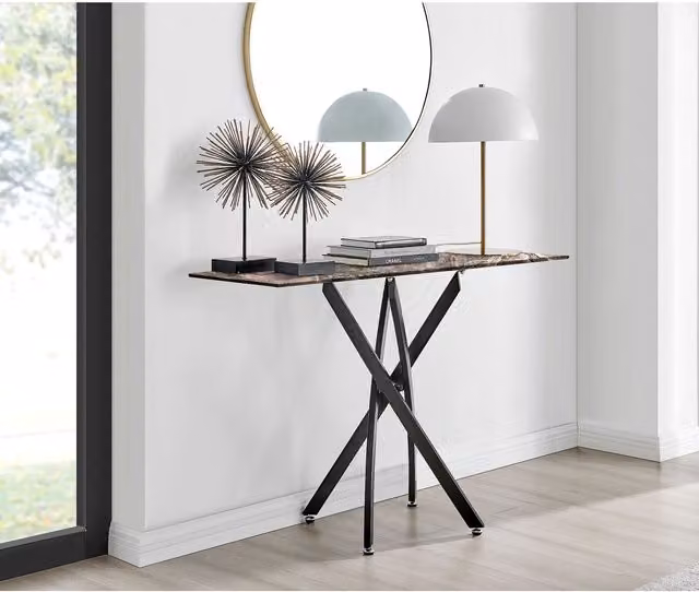 FurnitureboxUK Leonardo Console Table with Grey Marble Effect Glass Top and Black Metal X-Frame Legs
