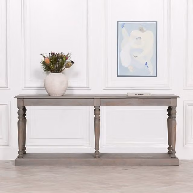 Glasstone Rustic Wooden Column Leg Console Table in Brown, W/D/H: 201 x 50 x 85 cm