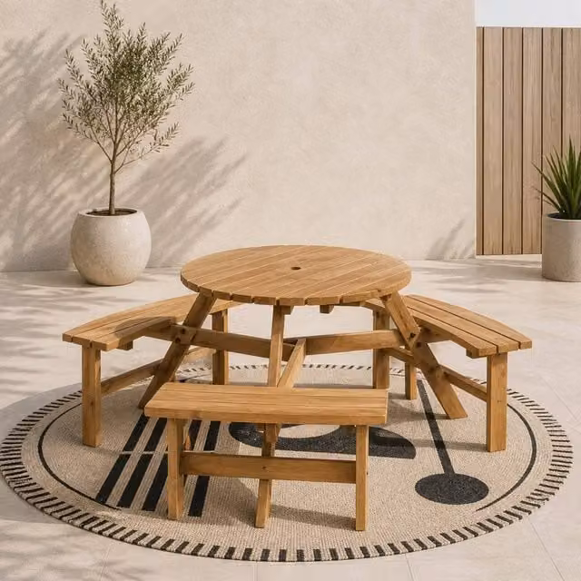 Wyld Haus 6 Seater Round Red Treated Hardwood Picnic Table with 3 Benches and Parasol Hole