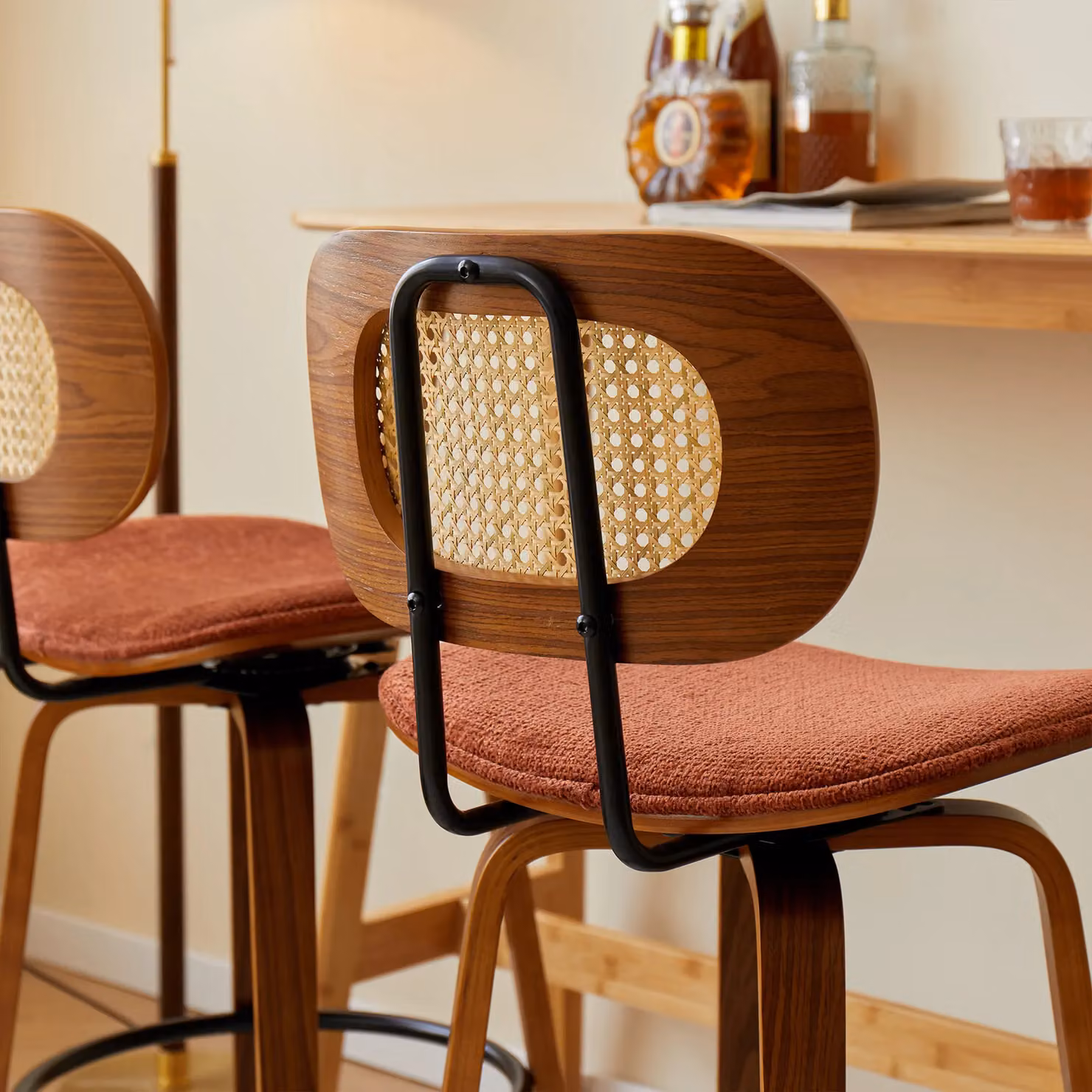 Nordlys Set of 2 Scandinavian Style Ash Wood and Rattan Bar Stools in Black and Brown – 4