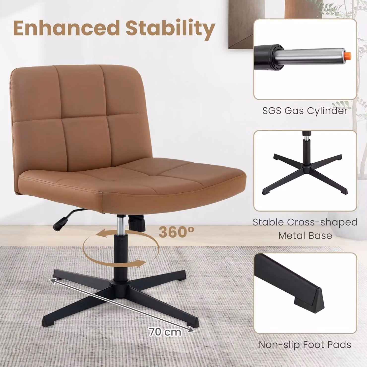 Gymax Brown Upholstered Swivel Office and Vanity Chair with Adjustable Height – 4