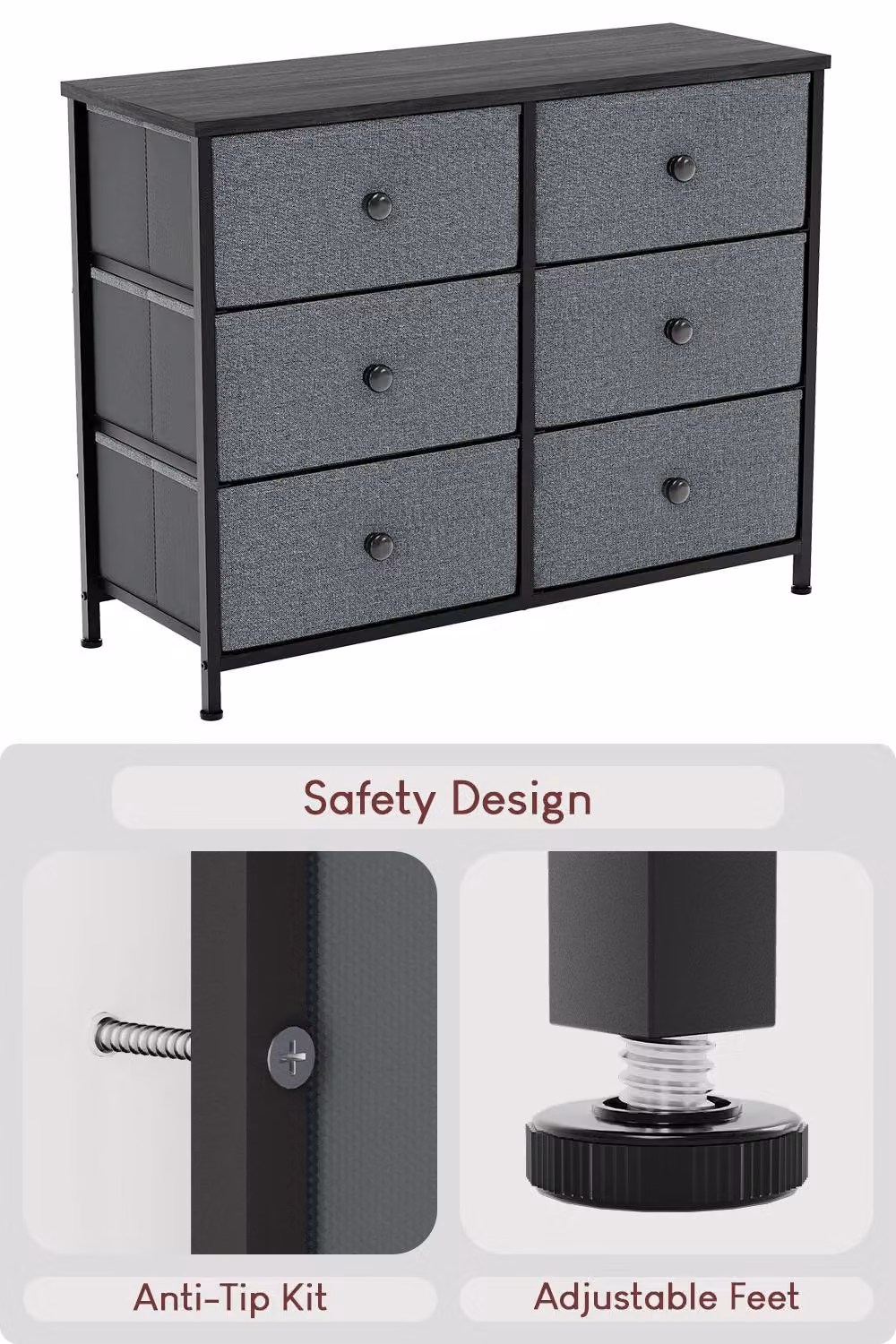 HD Designs Chorley 6 Drawer Chest of Drawers in Dark Grey Fabric and Metal – 4