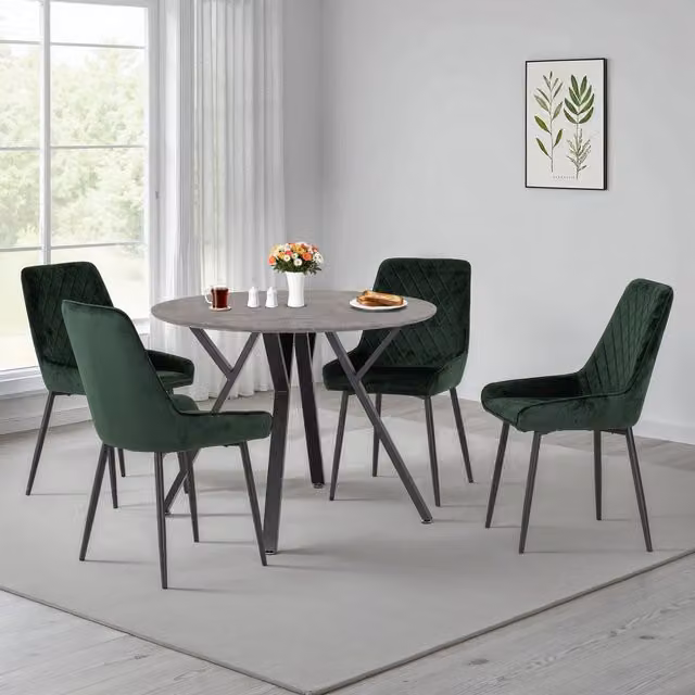 Seconique Athens Round Dining Set with 4 Avery Green Velvet Chairs and Concrete Effect Table – 2