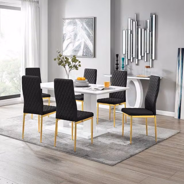 FurnitureboxUK Imperia White Rectangular Dining Table and 6 Milan Gold Leg Chairs in Black