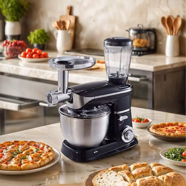 Komore 3-in-1 Multifunctional Stand Mixer with Meat Grinder, Black and Silver with Stainless Steel Components