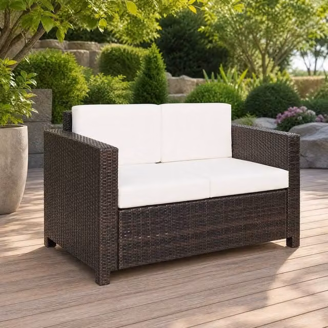STILVORA Two Seater Sofa with Rattan Finish and Cushions in Brown