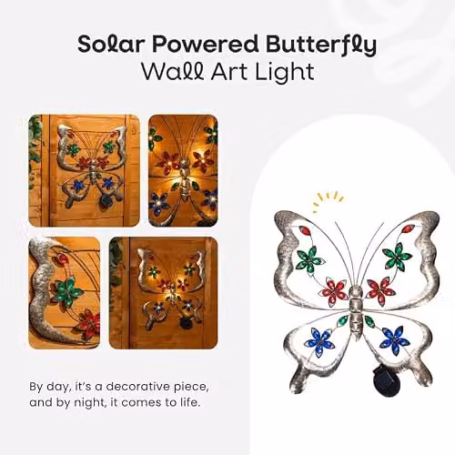 ValueLights Butterfly Solar Multi Coloured Metal Outdoor Wall Art Garden Fence Ornament Light – 2