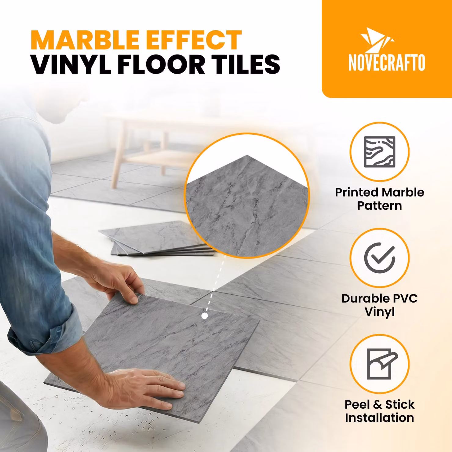 Novecrafto Self Adhesive Grey Marble Effect Vinyl Floor Tiles, Pack of 30, W/D: 30.5 x 30.5 cm – 2