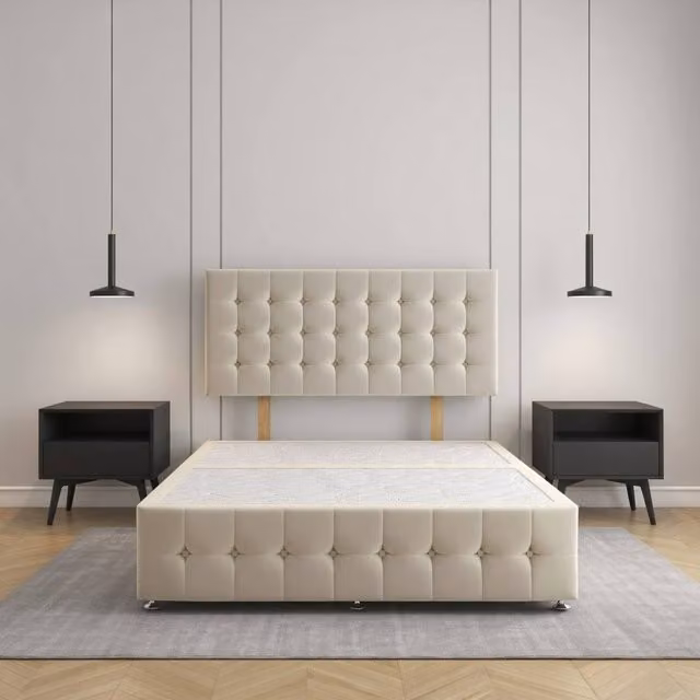 Regional Furnishings Single Divan Bed Base with 24 inch Headboard and 12 inch Footboard in Cream Velvet Fabric, W/D: 90 x 200 cm