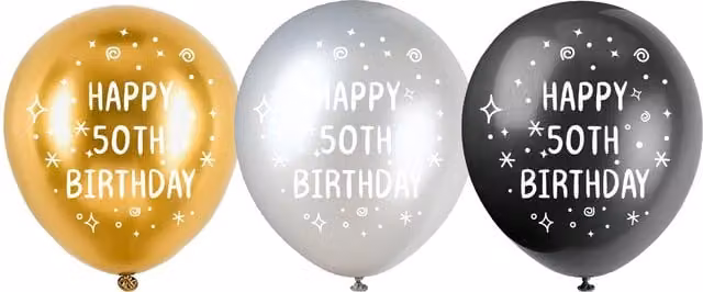 My Party Pack of 8 Round Birthday Latex Balloons in Gold, Silver and Black