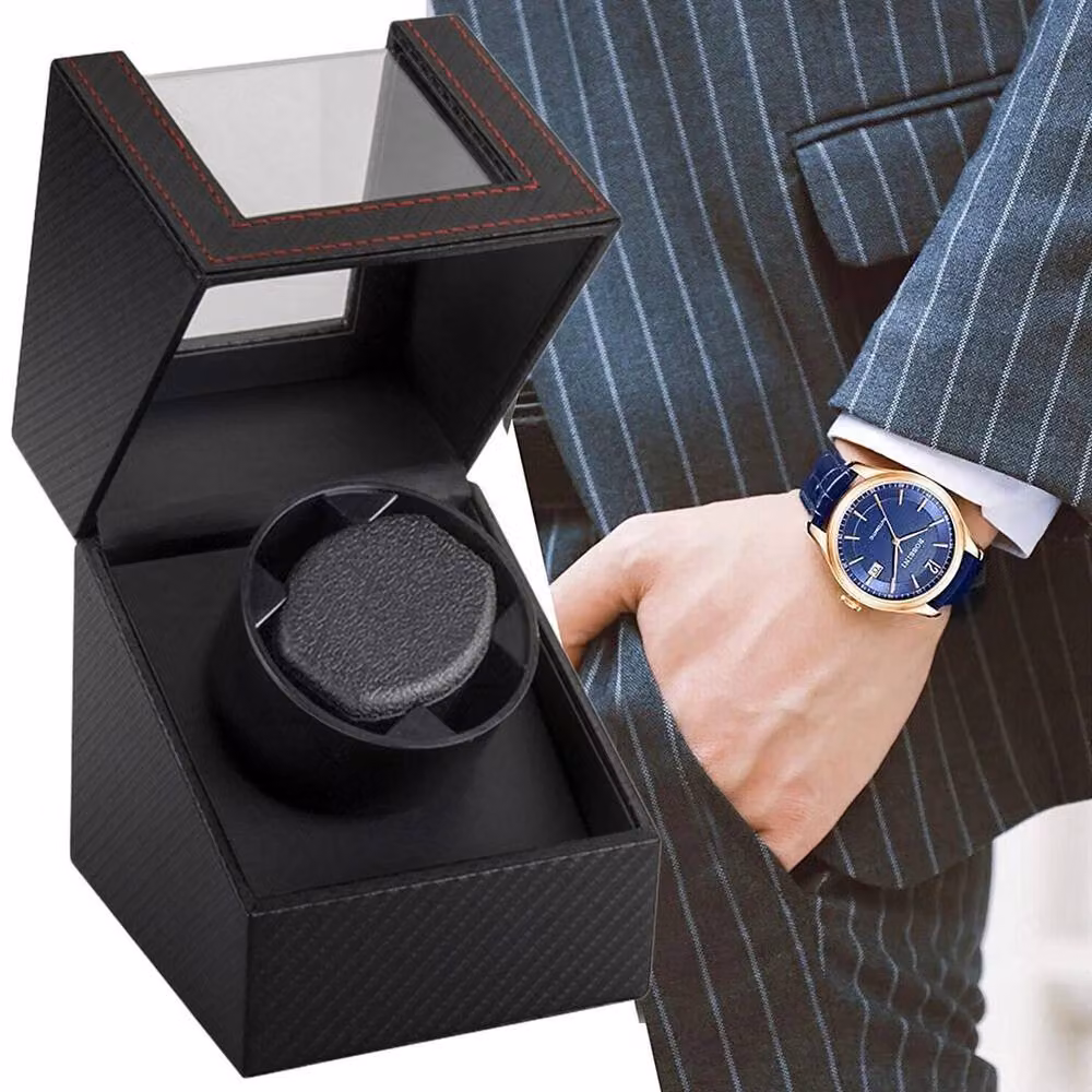 VOGREX Single Watch Winder Display Case and Rotating Storage Organiser in Black – 3