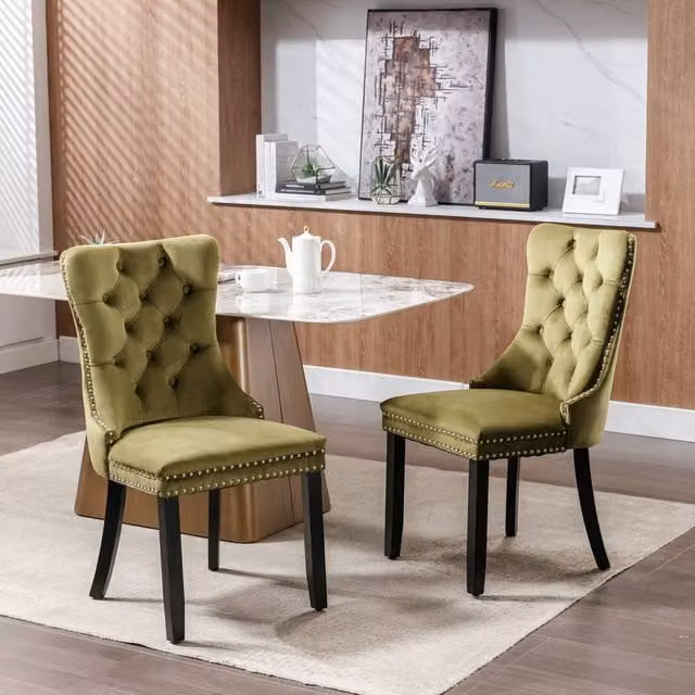 Modern Home Touch Romsey Set of 2 Velvet Upholstered Dining Chairs with Oak Legs and Knocker Ring Back in Green – 1