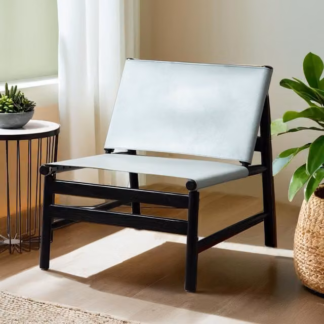 Orsina Grey Plain Cow Leather Armchair with Black Wooden Frame – 1