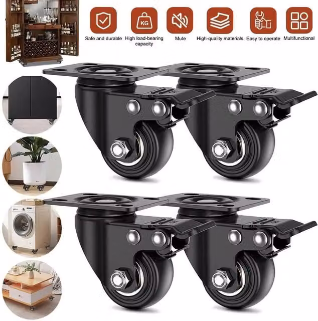 EONLION 4-Piece Set of Black Steel Swivel Castor Wheels, 1.5 Inch, 200kg Load Capacity – 1