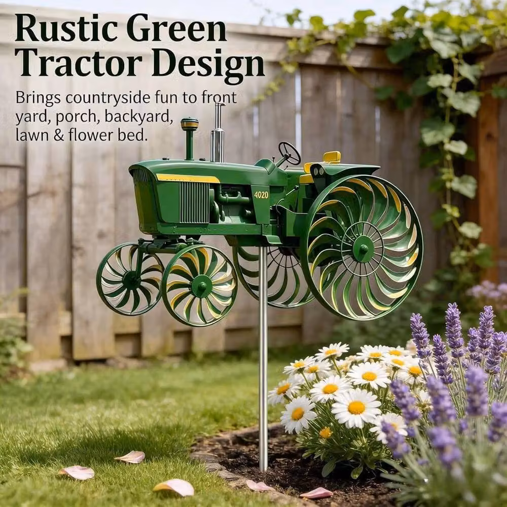 FLAVORA Green Tractor Windmill Garden Wind Spinner Metal Stake, H 100 cm x W 15 cm – 5