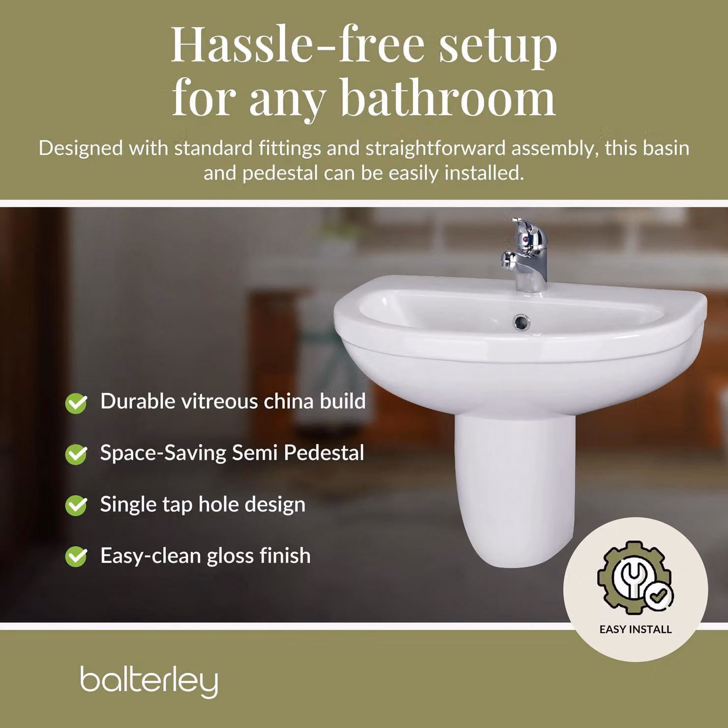 Balterley Round 1 Tap Hole Basin with Semi Pedestal, White, W: 55 cm, D: 49.8 cm, H: 55 cm – 3