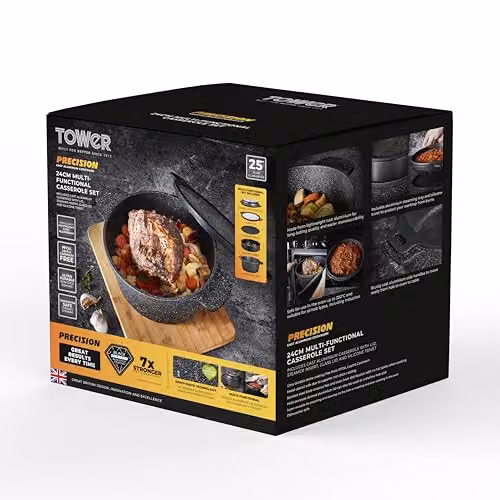 Tower Precision Multi-Functional Non-Stick Cast Aluminium Casserole Set with Steamer Insert, Black, Diameter: 24 cm – 4