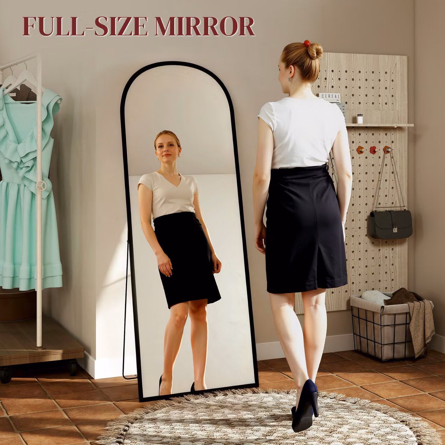 HOMCOM Modern Oval Freestanding Standing Mirror with Black Aluminium Frame, Height: 165 cm – 4