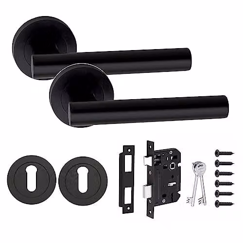 Golden Grace T-Bar Lock Door Handles on Rose in Matt Black Finish