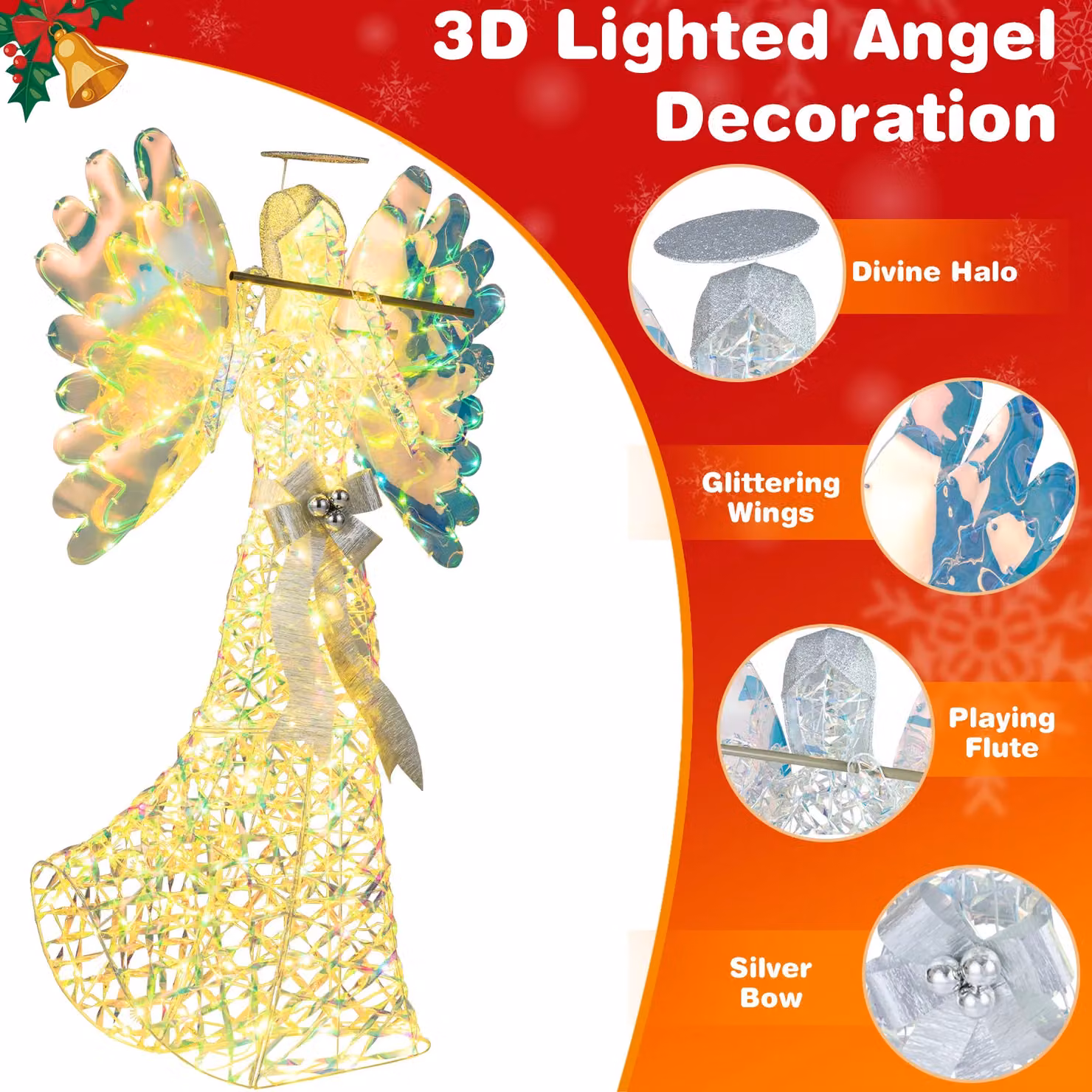 Costway 5.2 FT Lighted 3D Glittering Halo Angel Christmas Decoration in White and Multicolour – 4