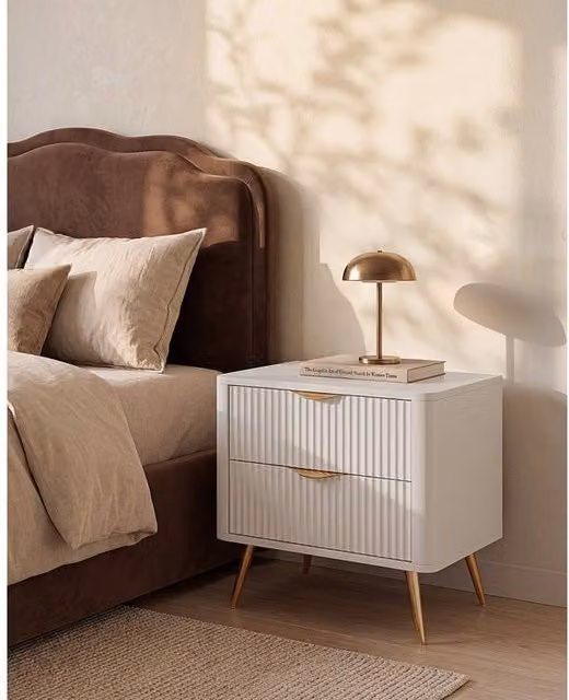 Vente-unique Elonaria Set of 2 Modern Bedside Tables with 2 Drawers in Beige and Gold