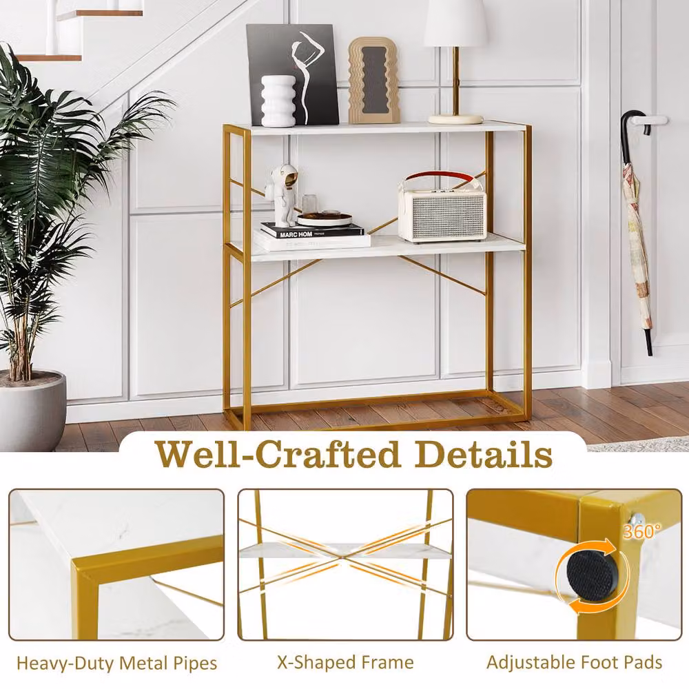 Gymax 2-Tier Modern Entryway Console Table with Marble Textured Open Shelves in White – 4