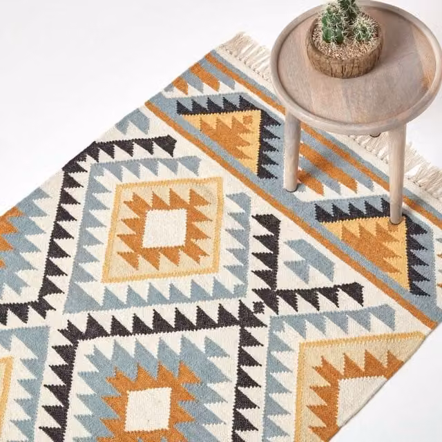 Homescapes Agra Handwoven Diamond Kilim Rug, Multicolour Orange, W: 150 cm