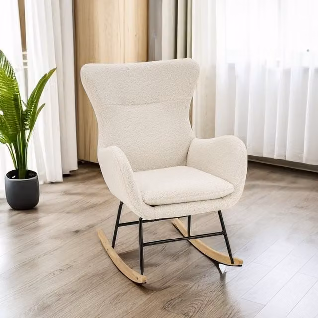 Livingandhome Sherpa Rocking Chair with High Backrest, Armrests and Walnut Metal Frame in White Bouclé