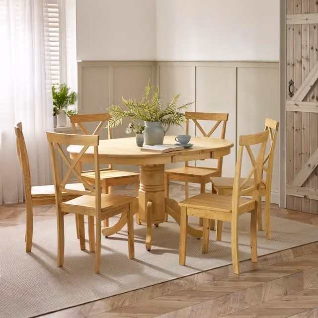 Furniturebox UK Padstow Round Extending Dining Table and 6 Millford Chairs in Brown Rubberwood
