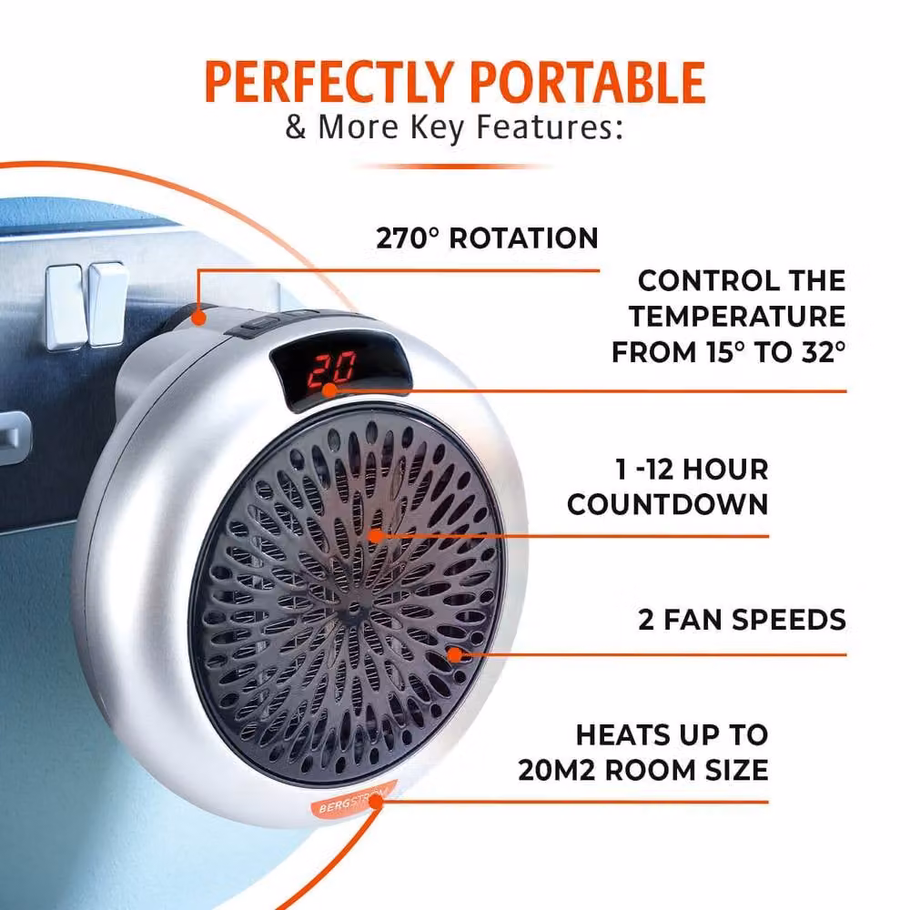 Bergstrom Mini Plug-In Fan Heater in Silver with Adjustable Thermostat and Timer – 3