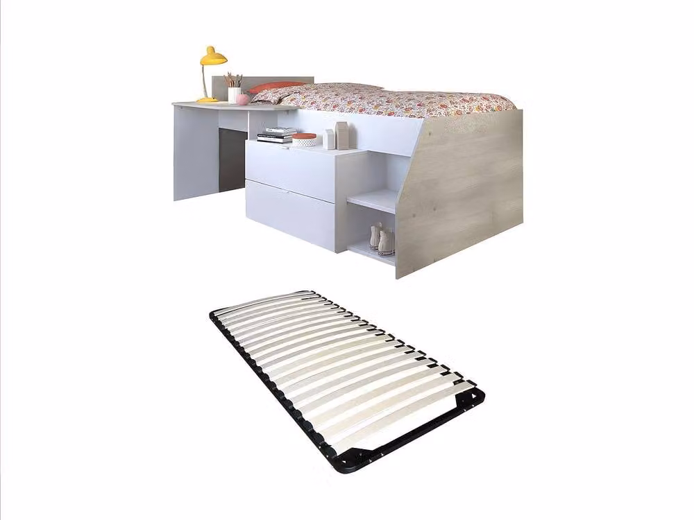 Vente-unique Single Bed with Desk, Storage Drawers and Stairs in White and Black, W/D/H: 90 x 200 x 135 cm – 2