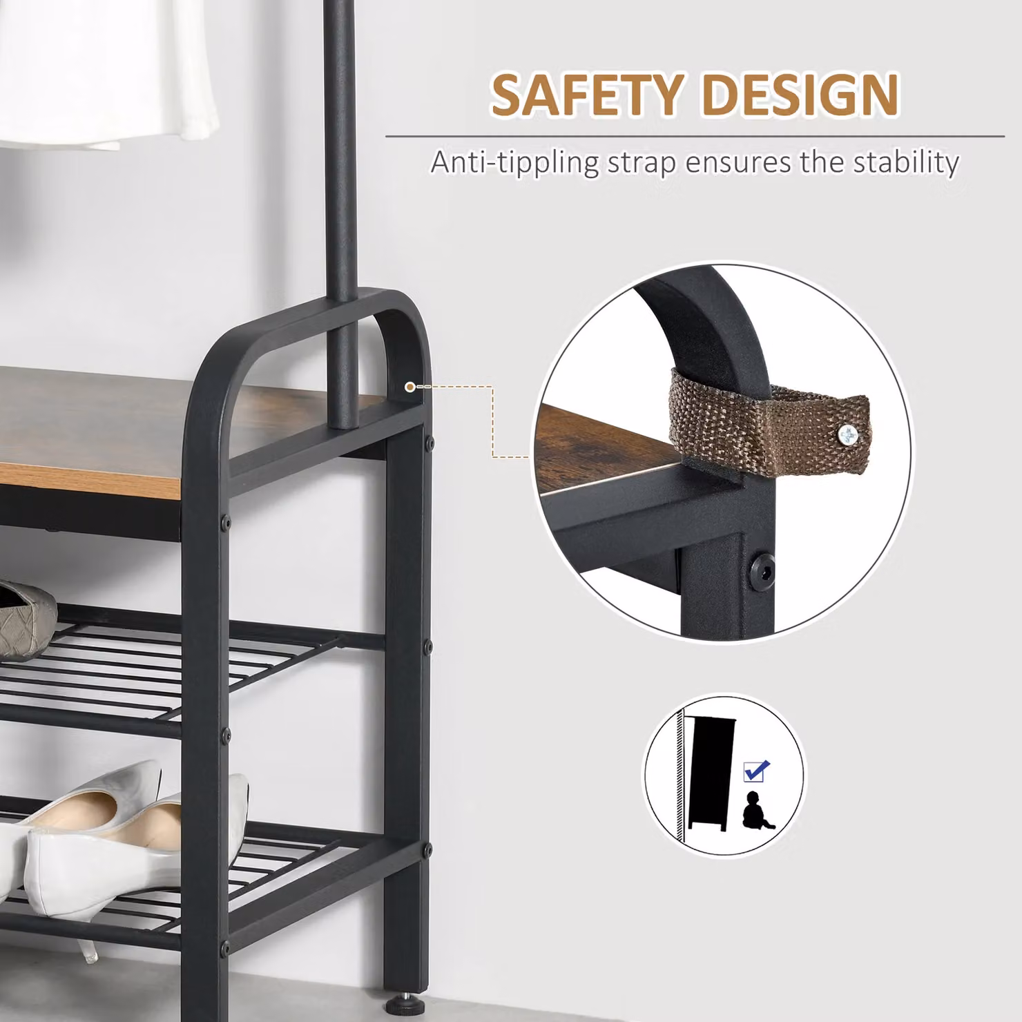 HOMCOM Industrial Hall Tree with Shoe Bench and 8 Hooks in Black and Brown – 3
